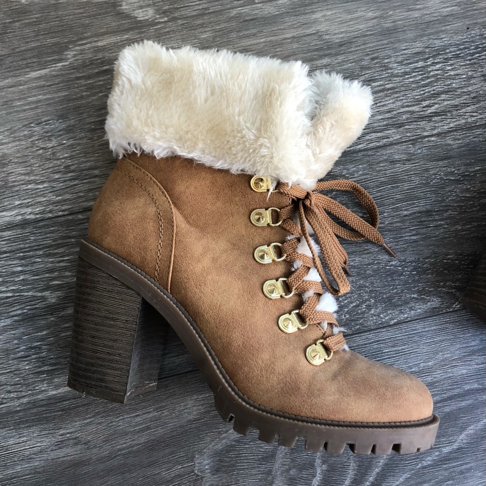 GUESS suede chunky heel lace up booties
